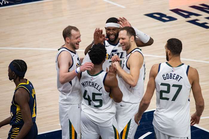 The Utah Jazz celebrate a win over the Indiana Pacers